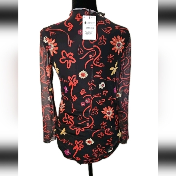 Desigual Womens Tulle Ruched Floral Artistic Long Sleeve Colorful Bodysuit L - Picture 8 of 15